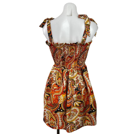 Boohoo Orange Paisley Floral Tie Sleeveless Smocked Fit & Flare Mini Dress Sz 4