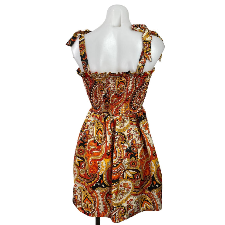 Boohoo Orange Paisley Floral Tie Sleeveless Smocked Fit & Flare Mini Dress Sz 4
