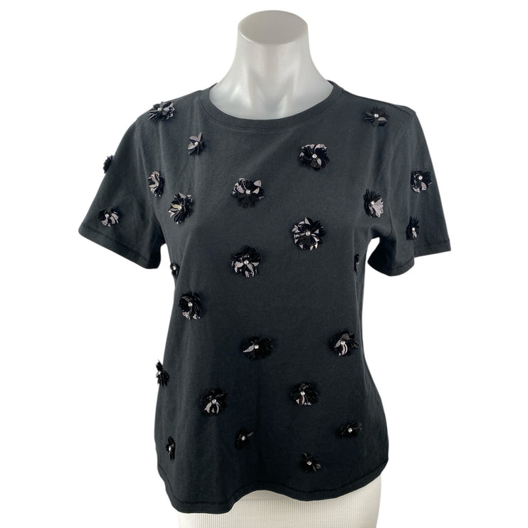 J.Crew Womens Black Floral 3D Embellished Short Sleeve T Shirt Blouse Top Size S