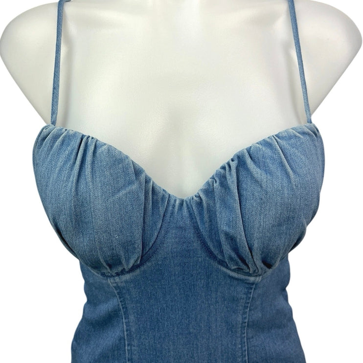 Blashe Blue Spaghetti Strap Sweetheart Neck Zip Up Denim Jean Bodysuit Top Sz S