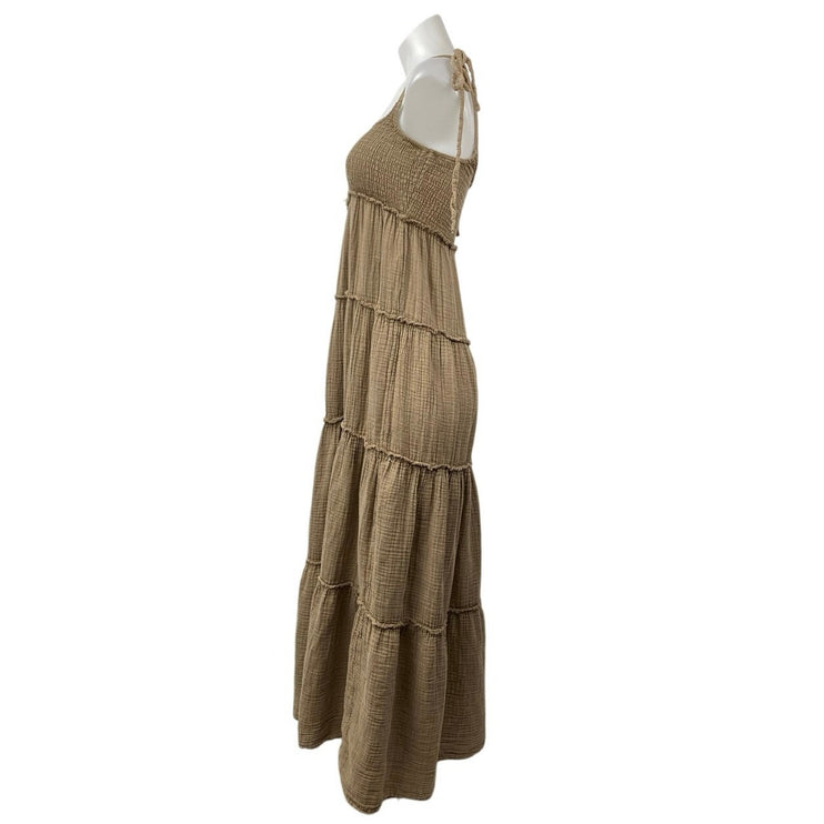 Collusion Women's Brown Tan Smocked Sleeveless Cami Tiered Sundress Maxi Dress 2