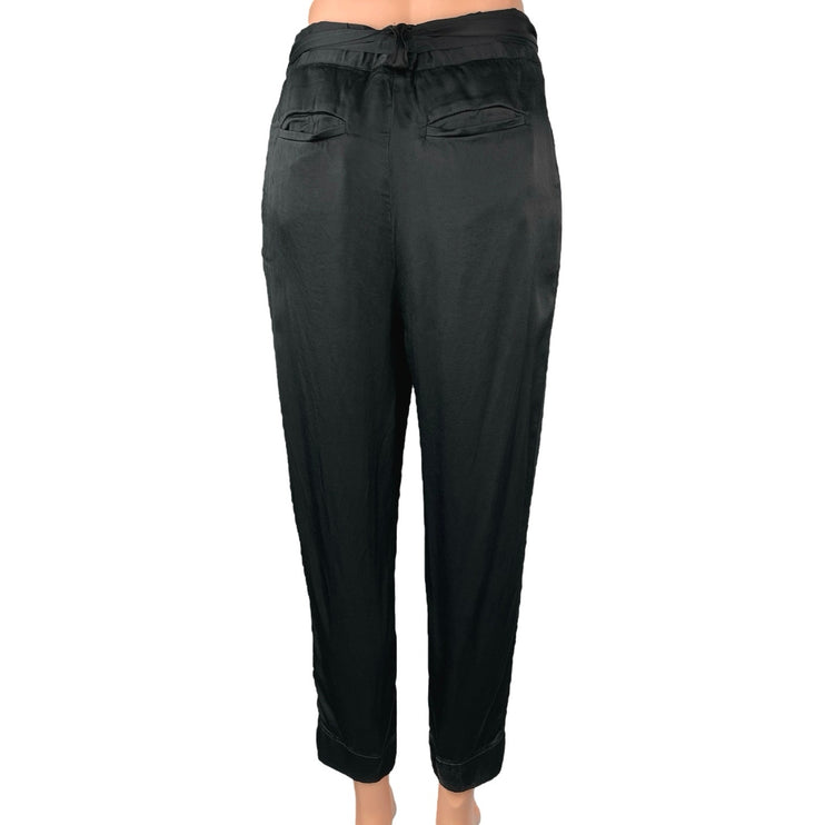 Anthropologie Black Silk Satin Tie Belt High Waist Ankle Crop Trousers Pants 2