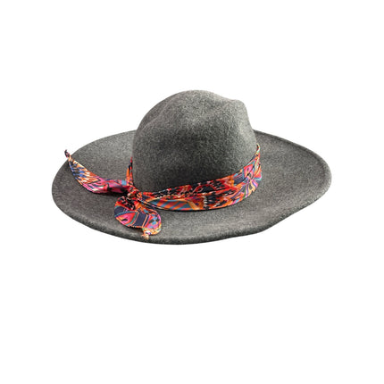 Johnny Was 100% Wool Gray Scarf Band Wide Brim Western Cowboy Fedora Hat OSFM