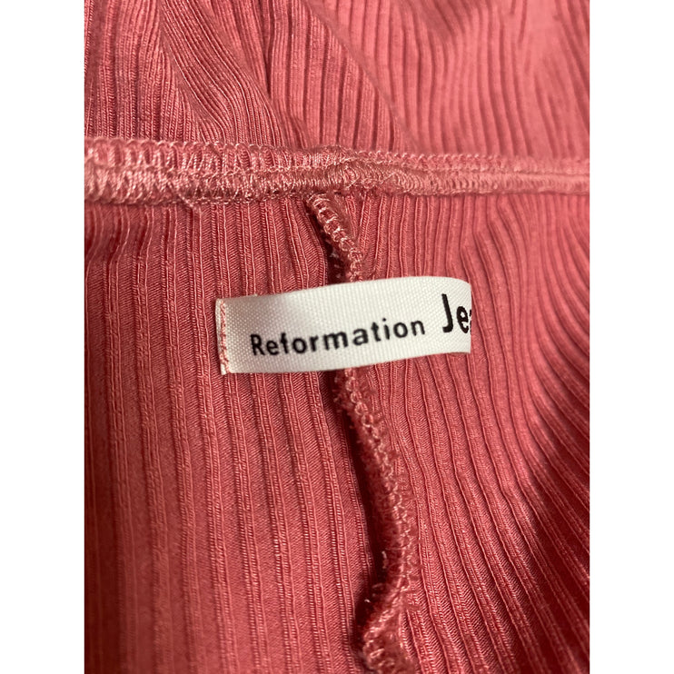 Reformation Palo Pink Ribbed Knit Ruffle Short Puff Sleeve Bodysuit Blouse Top S