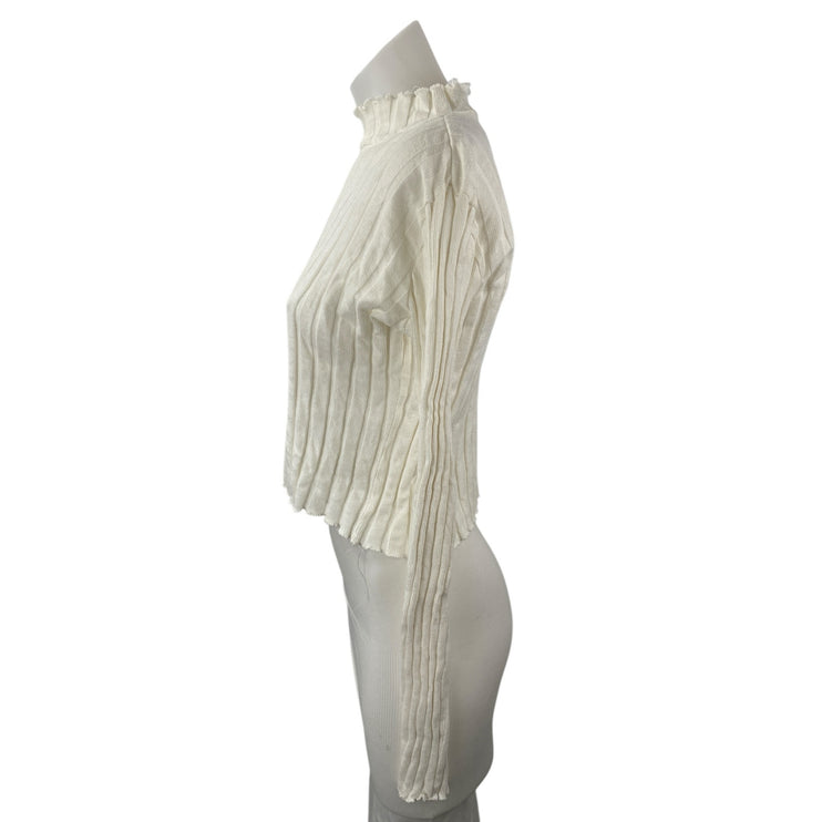 Zara Women's White Long Sleeve Ribbed Knit Lettuce Mock Neck Sweater Top Size L