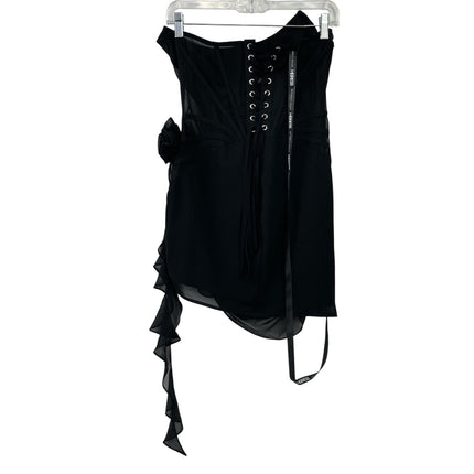 NEW Heiress Black Sleeveless Chiffon Mesh Corset Rosette Draped Mini Dress Sz M