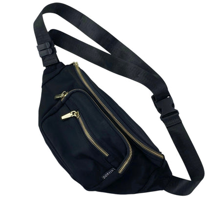 Zorfin Women's Black Gold Accent Adjustable Strap Travel Crossbody Belt Bag OS
