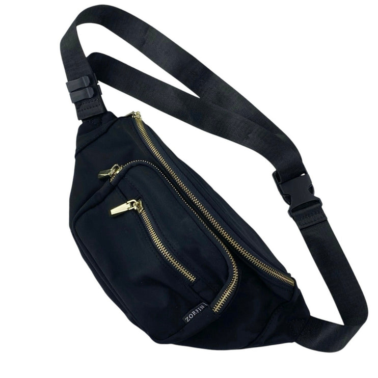 Zorfin Women's Black Gold Accent Adjustable Strap Travel Crossbody Belt Bag OS