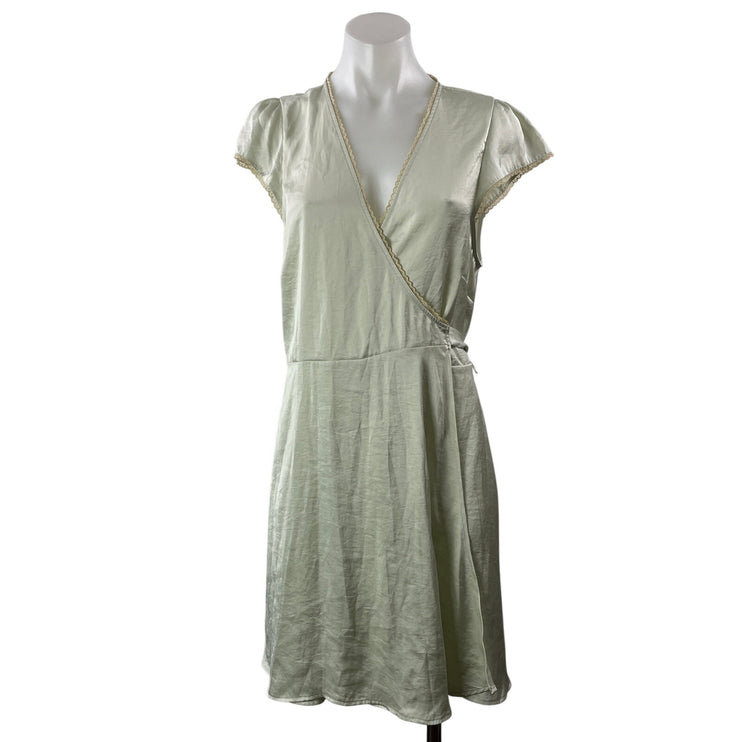 Aritzia Wilfred Mademoiselle Sage Green Satin Short Cap Sleeve Wrap Mini Dress L