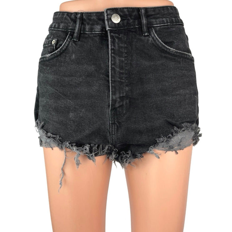 Zara Black High Waisted Cut Off Raw Hem Distressed Denim Jean Shorts Size 8