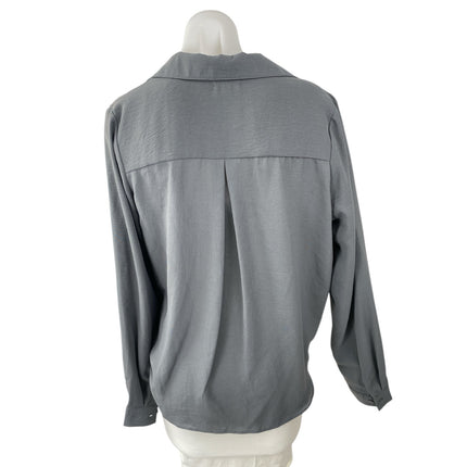 No Less Than Women's Gray Long Sleeve Collared Draped Wrap Front Blouse Top Sz S