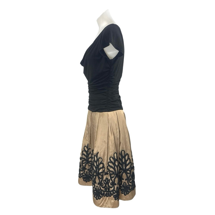 DressBarn Black Floral Embroidery Ruched Cap Sleeve Midi Flare A-Line Dress Sz 8