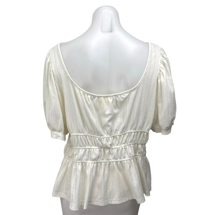 Anthropologie Maeve White Short Puff Sleeve Scoop Neck Peplum Blouse Top Size XL