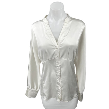 Dialogue White Silk Satin Button Down V-neck Long Sleeve Shirt Blouse Top Size L