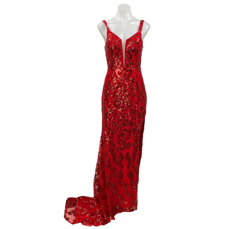 HY Red Sequin Sparkly Sleeveless Plunge V Neck Slit Cami A Line Maxi Dress M