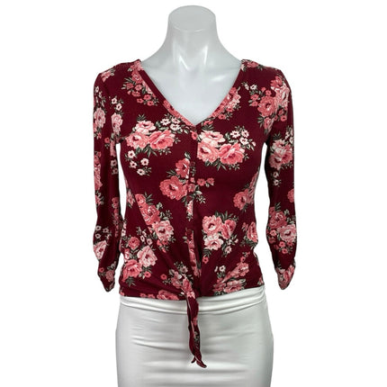 No Boundaries Burgundy Red Vneck Floral 3/4 Sleeve Faux Button Tie Blouse Top XS