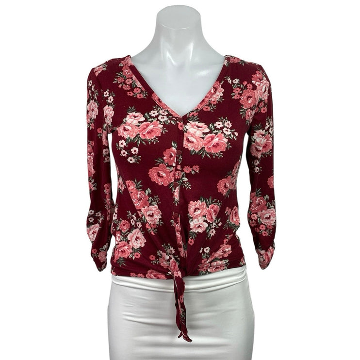 No Boundaries Burgundy Red Vneck Floral 3/4 Sleeve Faux Button Tie Blouse Top XS