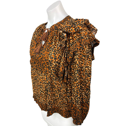 Ulla Johnson Brown Carissa Leopard Animal Print Tassel Tie Ruffle Blouse Top 0