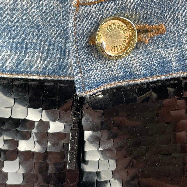 Roberto Cavalli Women's Black Blue High Waisted Sequin Mini Denim Jeans Skirt S