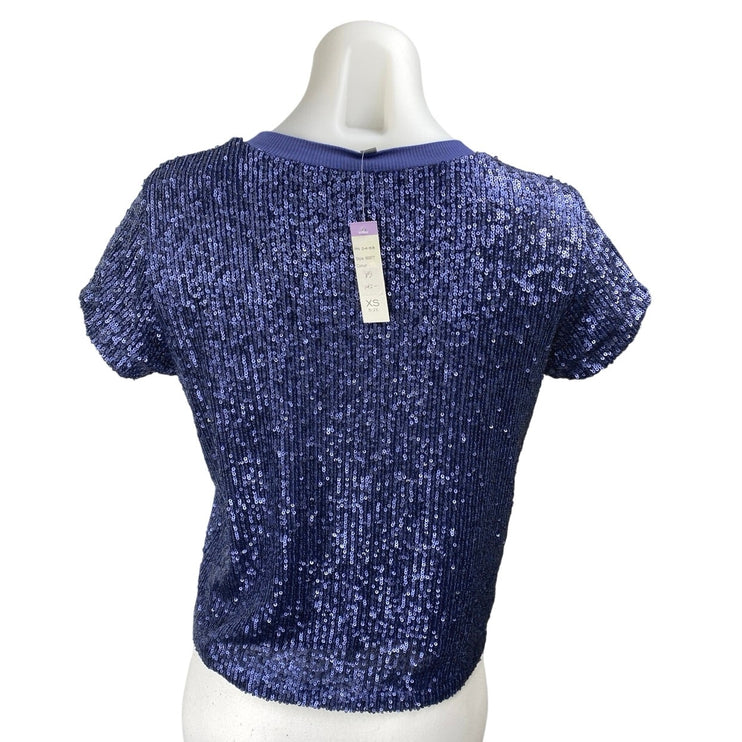 NEW Elliott Lauren Blue Short Sleeve Sequin Crew Neck T Shirt Blouse Top Size XS