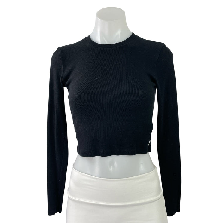 Aritzia TNA Women's Black Ribbed Knit Crew Neck Long Sleeve Crop Top Size S