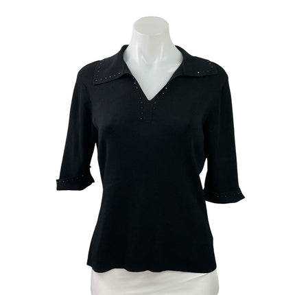 Ruby Cho Womens Black Rhinestone Knit Collared Half Sleeve Polo Shirt Top Size L
