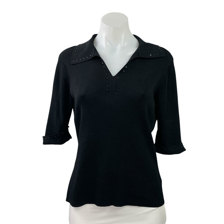 Ruby Cho Womens Black Rhinestone Knit Collared Half Sleeve Polo Shirt Top Size L