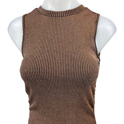 DNT Brown Metallic Rib Knit Sleeveless Ruched Tie Cami Midi Bodycon Tank Dress S
