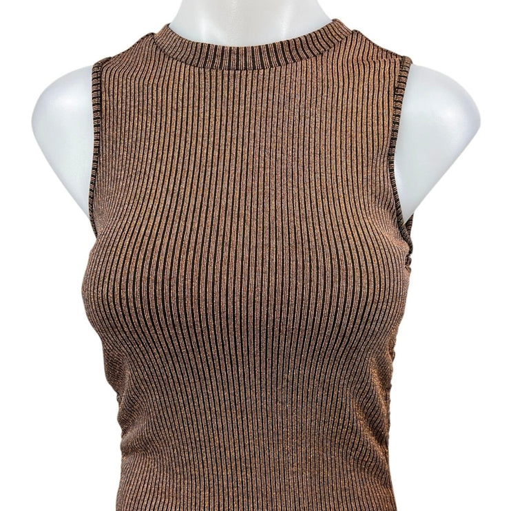 DNT Brown Metallic Rib Knit Sleeveless Ruched Tie Cami Midi Bodycon Tank Dress S
