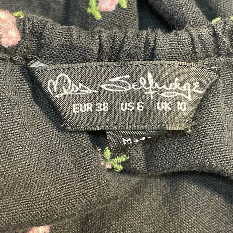 Miss Selfridge Black Floral Embroidered Puff Sleeve Fit & Flare Mini Dress Sz 6