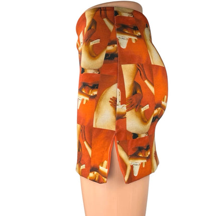 Tiger Mist Orange Knit Body Graphic Print Straight pencil Mini Skirt Size XS