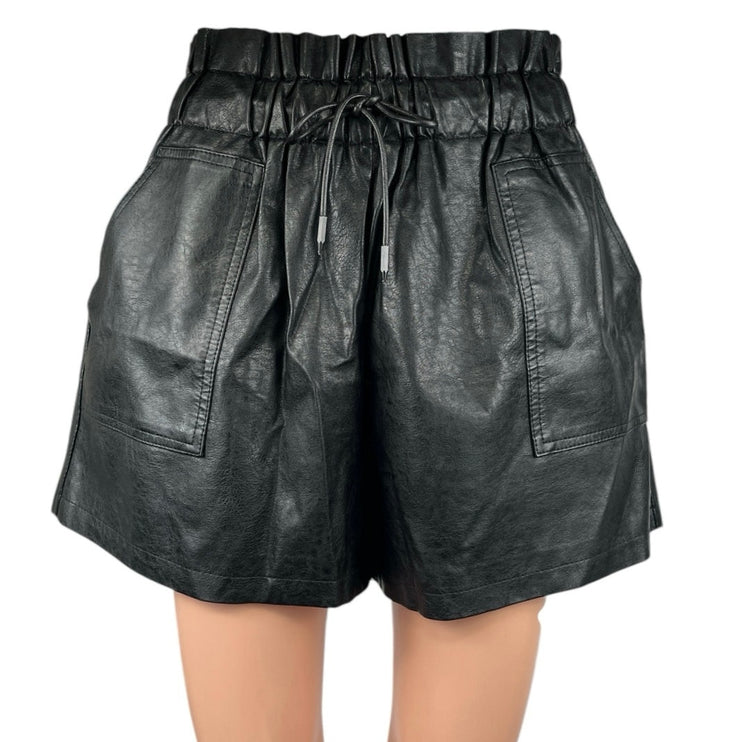 Women's Black Faux Leather High Waist Wide Leg Elastic Waist Shorts XL