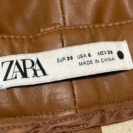 Zara Women's Brown Faux Leather Vegan Mid Rise Straight Trousers Pants Size 6