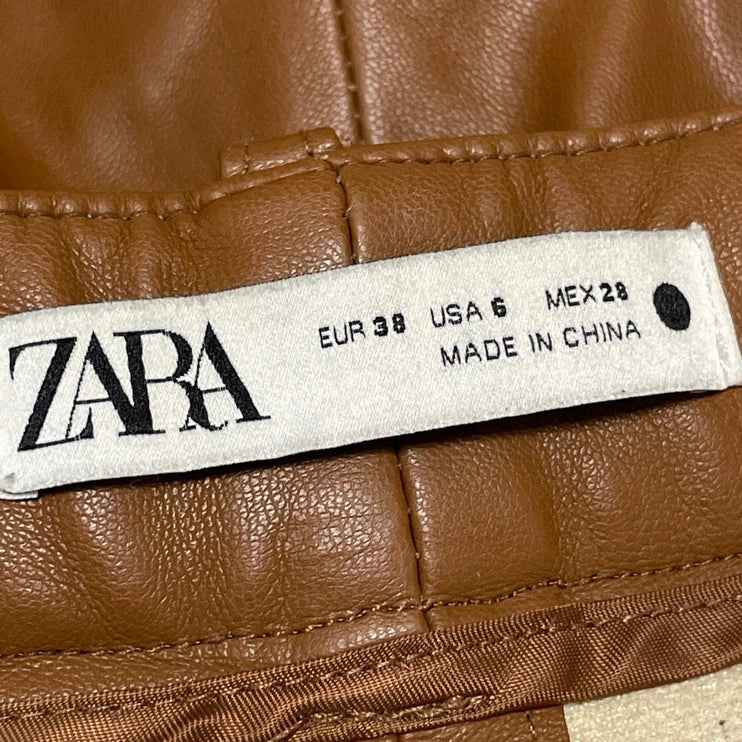 Zara Women's Brown Faux Leather Vegan Mid Rise Straight Trousers Pants Size 6