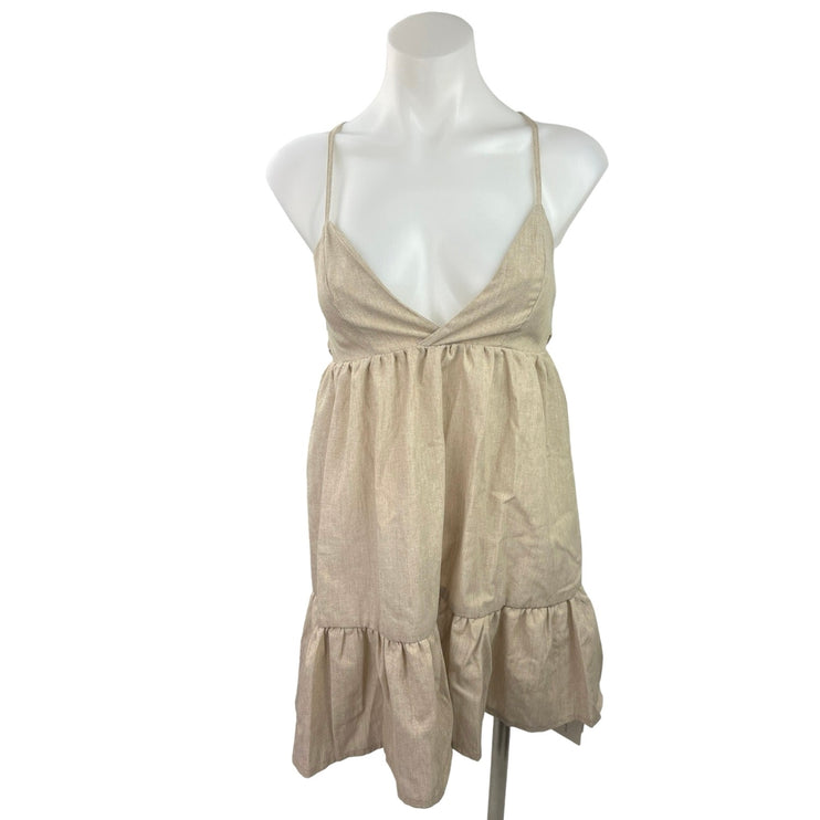 Commense Women's Beige Sleeveless V Neck Back Tie Camisole Tank Mini Dress Sz S