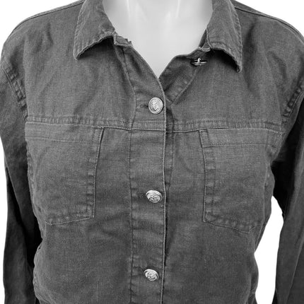 Tahari Black 100% Linen Button Up Collar Long Sleeve Pockets Crop Shirt Top L