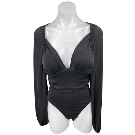 Free People In Your Arms Black Long Sleeve Shirred Bodysuit Blouse Top Size S