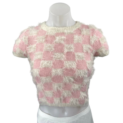 Forever 21 Pink White Checkered Plaid Faux Fur Short Sleeve Crop Sweater Top S