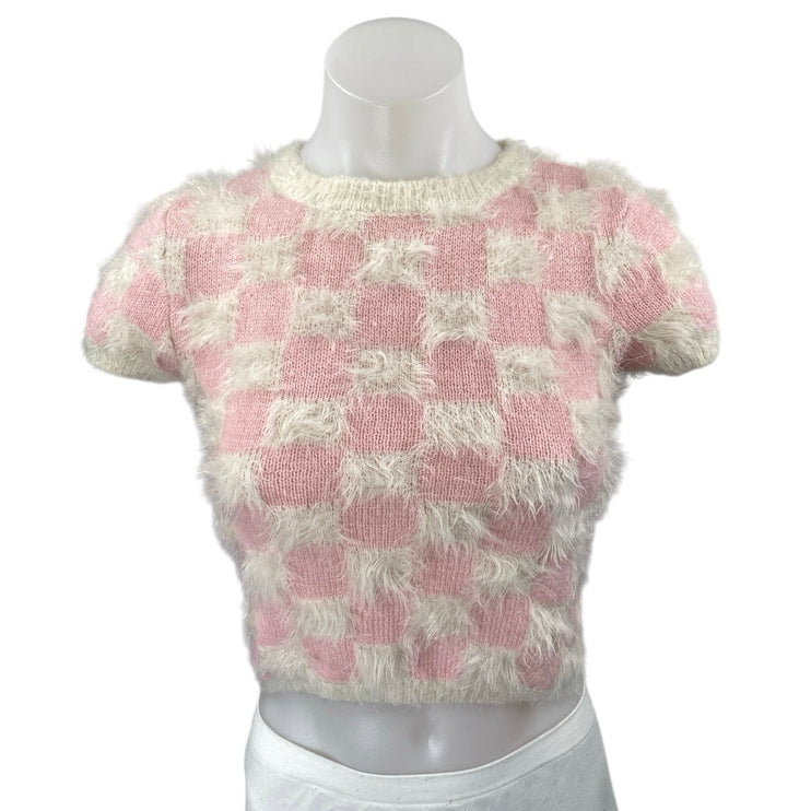 Forever 21 Pink White Checkered Plaid Faux Fur Short Sleeve Crop Sweater Top S