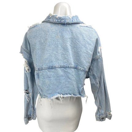 Zara Women's Blue Light Wash Long Sleeve Distressed Crop Denim Jean Jacket Sz XS
