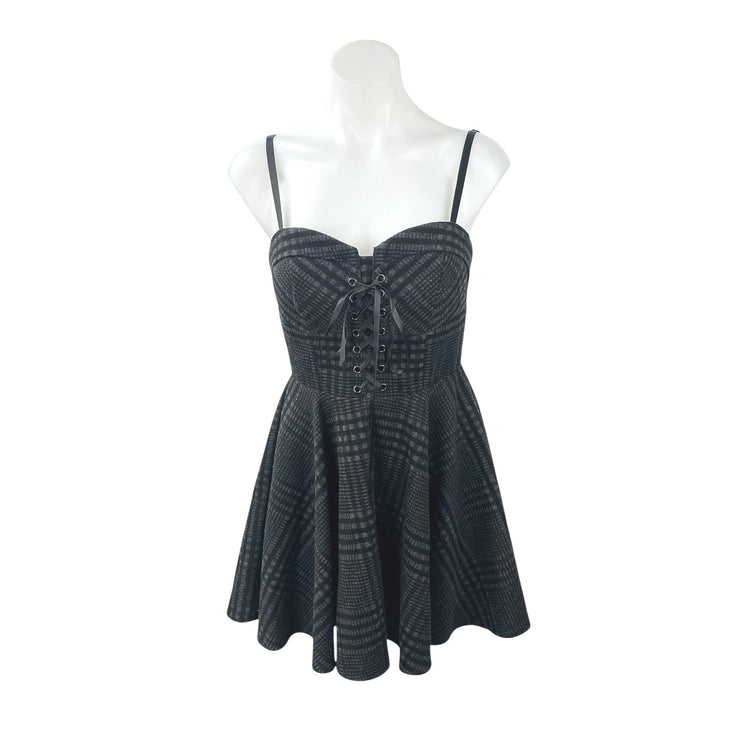 Vock Black Plaid Sleeveless Sweetheart Lace Up Mini Cami Flare A-Line Dress Sz S