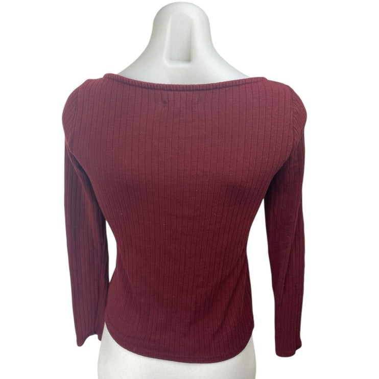 Madewell Maroon Red Rib knit Sweetheart Neck Long Sleeve Slim Sweater Top Sz XS