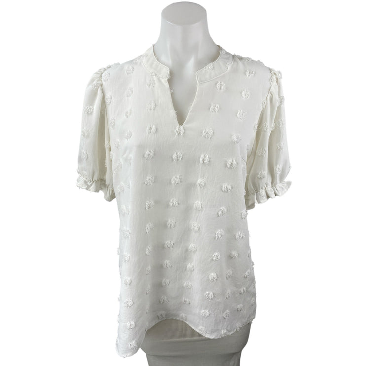 Banana Republic Women's White Short Sleeve Ruffle V Neck 3D Blouse Top Size M