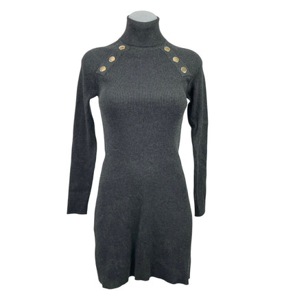 Zara Gray Turtleneck Long Sleeve Gold Button Mini Bodycon Sheath Sweater Dress S