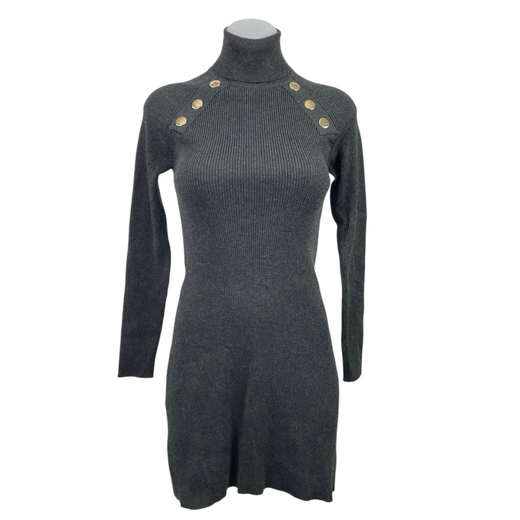 Zara Gray Turtleneck Long Sleeve Gold Button Mini Bodycon Sheath Sweater Dress S