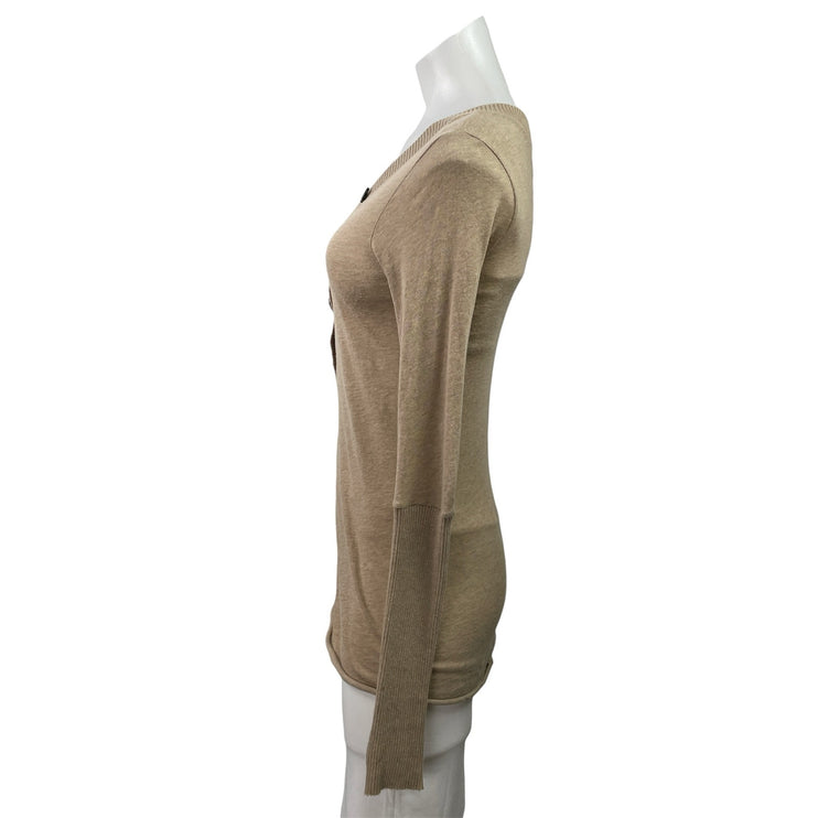 Enza Costa Womens Tan Cashmere Long Sleeve Cuffed V-neck Henley Sweater Top XS