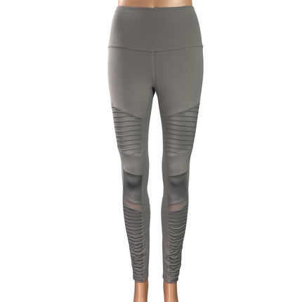 Alo Yoga Women's Gray Ribbed Mesh Workout Moto Athletic Leggings Pants Size S