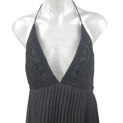 Alice + Olivia Black Halter Sleeveless Crochet Knit Pleated Maxi Dress Size 10