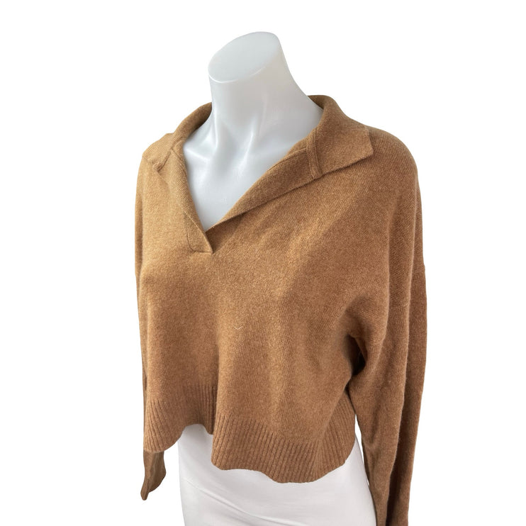 Reformation Camel Tan 100% Cashmere Long Sleeve Cropped Polo Sweater Top Size S