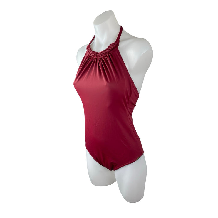 Amante Red Silk Satin Braided Halter Open Back One Piece Swimsuit Swimwear Sz L